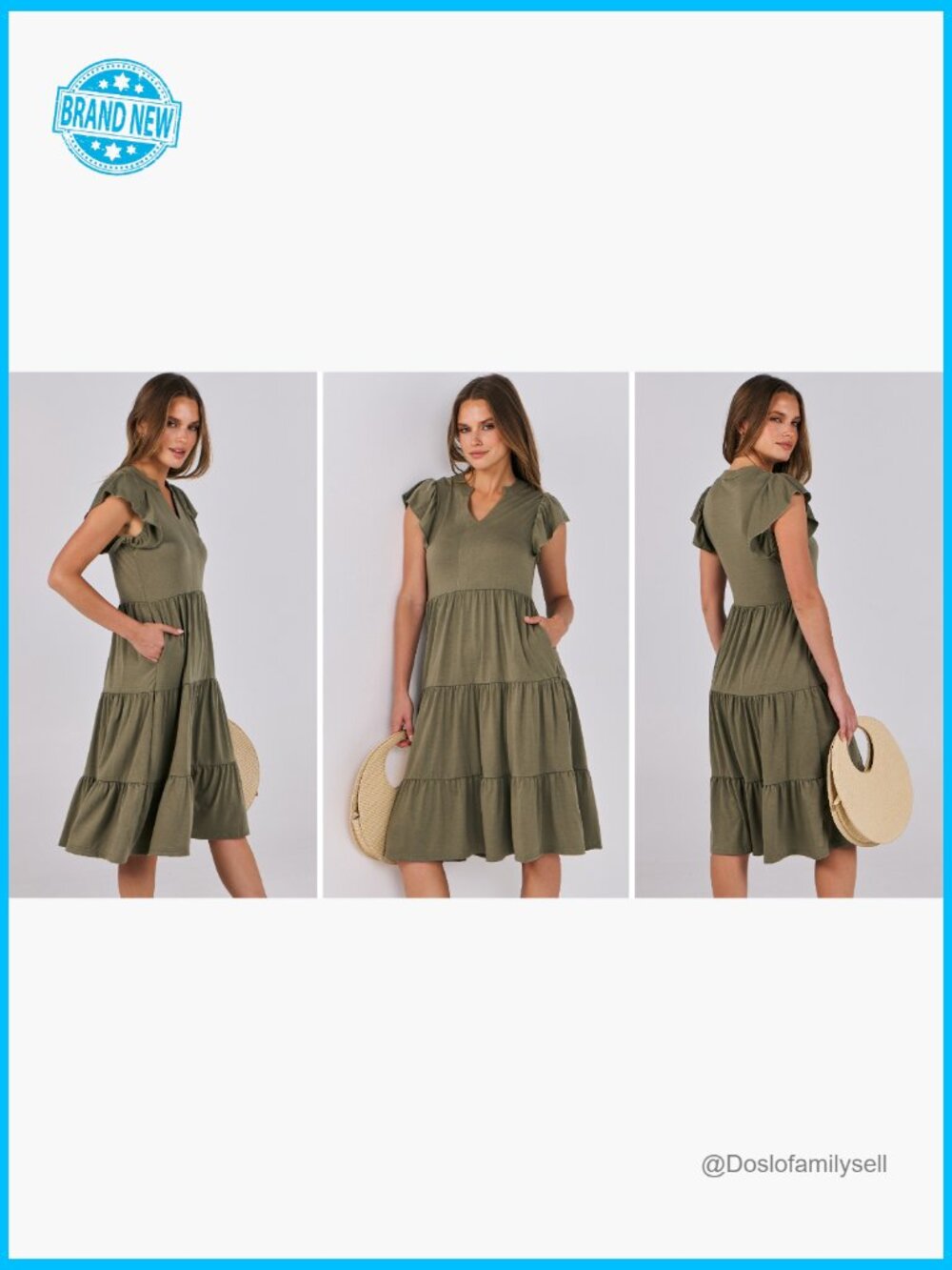 V Neck Ruffle Sleeve Tiered Midi Dress Flowy Casual Boho Beach Vacation Summer - Picture 7 of 7